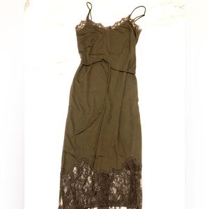 French Connection XS/size 4 Khaki colored Lined Midi Dress with Lace accents.